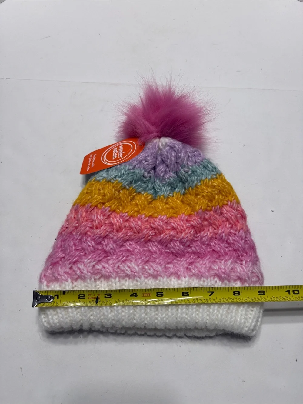 wonder nation Pink Multicolor Knit Pom Beanie with Faux Fur Pom
